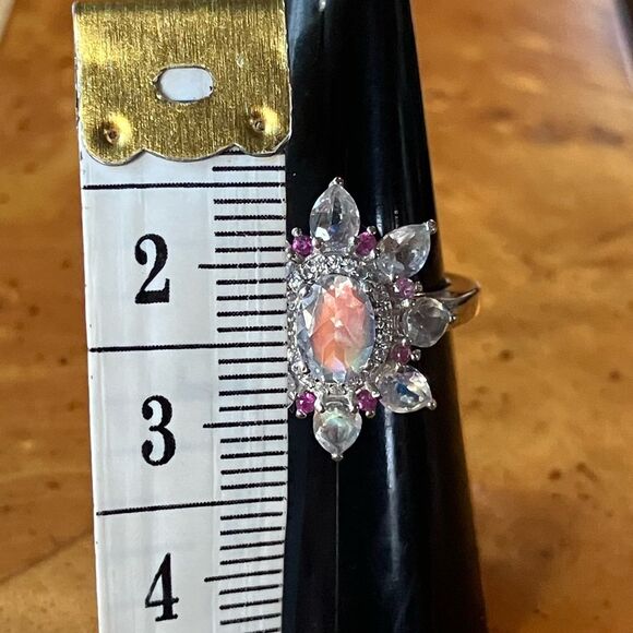 Rainbow Moonstone Pink Sapphire Sterling Silver Cocktail Ring - Picture 6 of 8